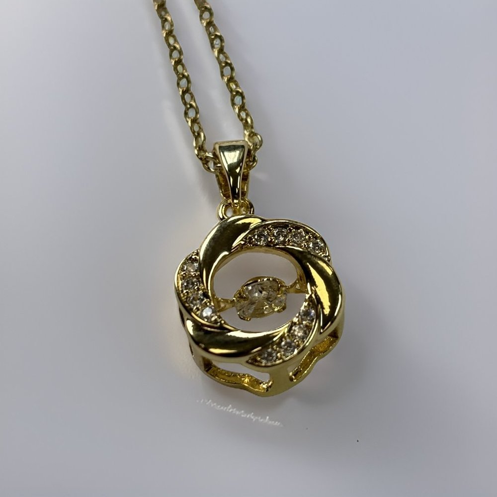 Gold 2 ct Zircon Water Swirl with Round Cut Floater Pendant Necklace